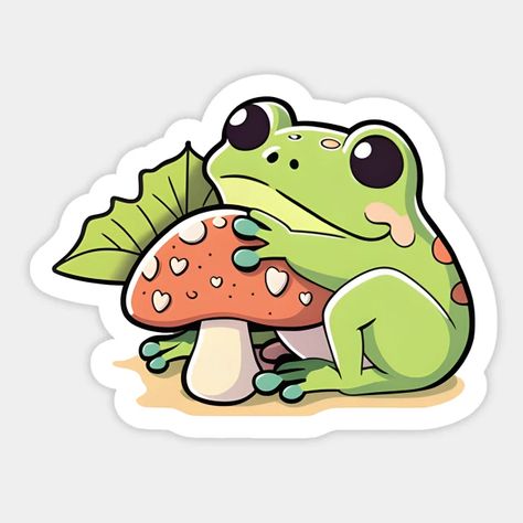 Cute Kawaii Frog with Mushroom - Cute Frog - Sticker | TeePublic Frog With Mushroom, Cute Frog, Frog Art, Sweet Pic, Easy Drawings Sketches, Kawaii Stickers, Cute Frogs, Small Art, Cute Kawaii