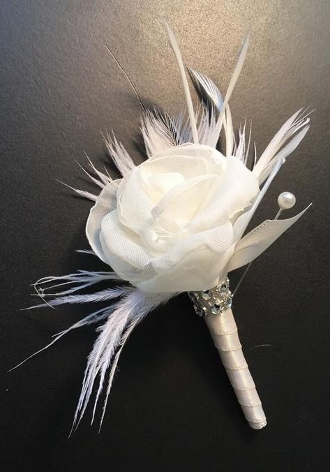 Feather Boutonniere, Crystal Bouquet, Bridal Brooch Bouquet, Rose Boutonniere, Great Gatsby Wedding, Corsage Prom, Feather Wedding, Groom Boutonniere, Gatsby Wedding