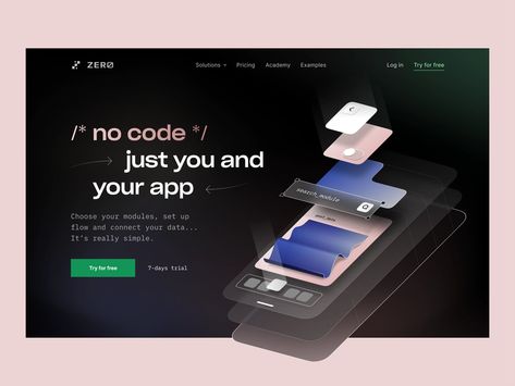 ZER0 /* No-code app builder */ by Alexander Plyuto 🎲 for ooze on Dribbble Web Layout Design Inspiration, Website Popup, Ux Landing Page, App Builder, Marketing Websites, Screen Cards, Landing Page Website, Coding Apps, App Landing Page