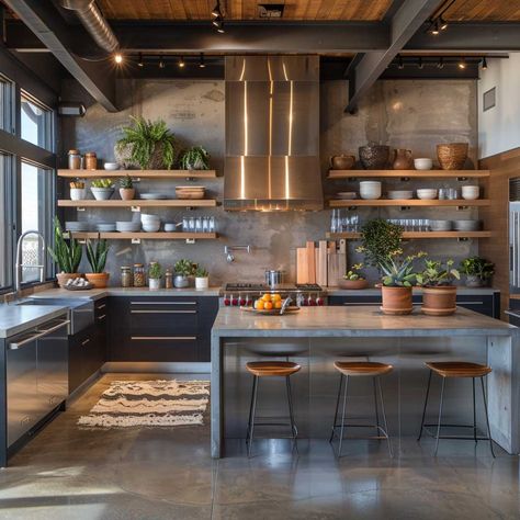 18+ Best Kitchen Designs That Perfectly Blend Industrial Elements with Comfort • 333+ Art Images Classic Industrial Kitchen, Kitchen Industrial Shelves, Country Industrial Kitchen, Ikea Kitchen Industrial, Industrial Kitchen Lighting Ideas, Industrial Loft Kitchen Open Concept, Earth Kitchen Design, Industrial Kitchen Design Inspiration, Commercial Kitchen Design For Home