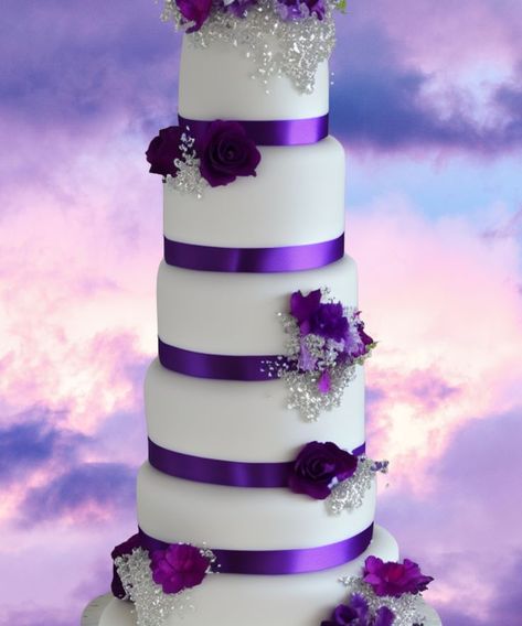 Stunning 6 Tier Purple and White Wedding Cake with Purple Roses and Shiny Silver Accent Purple And White Wedding Cake, Silver Wedding Decor, Wedding Cake With Purple, Purple And White Wedding, Purple And Silver Wedding, Silver Wedding Decorations, Purple Wedding Cakes, Purple Wedding Theme, Wedding Colors Purple