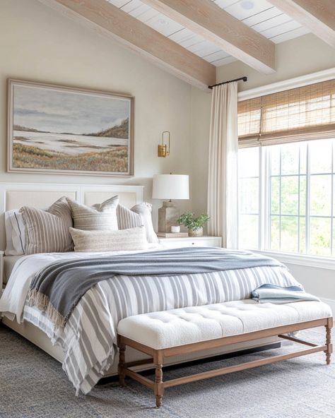 These bedroom designs are all about bringing warmth, comfort, and style together in the perfect blend. From the soft layers of bedding to the natural textures and soothing neutral tones, each space feels like a personal escape from the world. I’m loving the balance between rustic elements, like exposed wood beams, and those elegant touches, like the chandelier and cozy benches. It’s all about creating a serene space where you can truly relax and unwind. The natural light streaming in just add... Exposed Beams Bedroom, Bed Infront Of Window, Light Airy Bedroom, Exposed Wood Beams, Coffee Table Accessories, Soft Layers, Relax And Unwind, Wood Bedroom, Exposed Wood