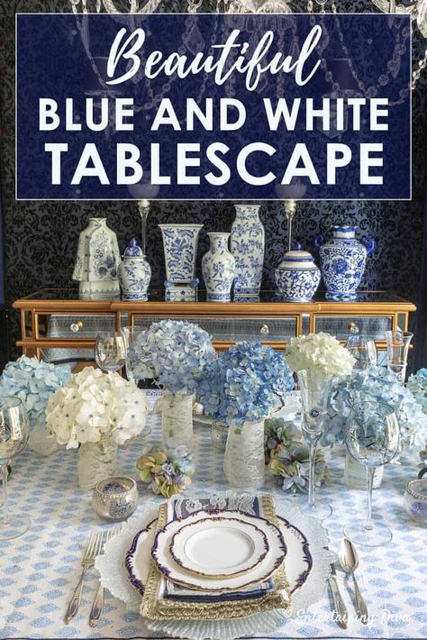 Beautiful Blue and White Summer Tablescape | Holidays and events Blue And White Party, Blue And White Tablescapes, Blue And White Table Setting, Hydrangea Centerpieces, White Tables, Chinoiserie Vases, Gold Place Setting, Brunch Table Setting, Gold Table Setting