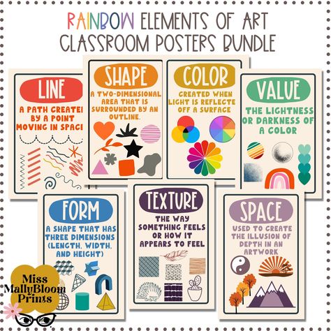 Elements Of Art Preschool, Elements Of Art Printable, Elements Of Art Posters Printable, Art Classes Poster, Elements Of Art Posters, Tab Classroom, Spanish Classroom Posters, 7 Elements Of Art, Art Classroom Posters