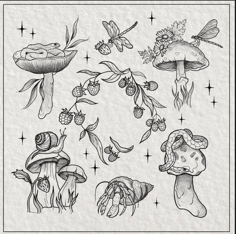 Done by @annah. tattoo on insta!! #mushroomtattoo frog tattoo, strawberry. snake. Hermit crab. Snail. Dragonfly tattoo. Strawberry wreath. Aesthetic tattoo. Fairy garden. Dragonfly Mushroom Tattoo, Frog With Flower Tattoo, Frog And Dragonfly Tattoo, Mushroom And Dragonfly Tattoo, Botanical Fairy Tattoo, Mystical Garden Tattoo, Snail Tattoo Placement, Mushroom Animal Tattoo, Cottage Core Aesthetic Tattoo