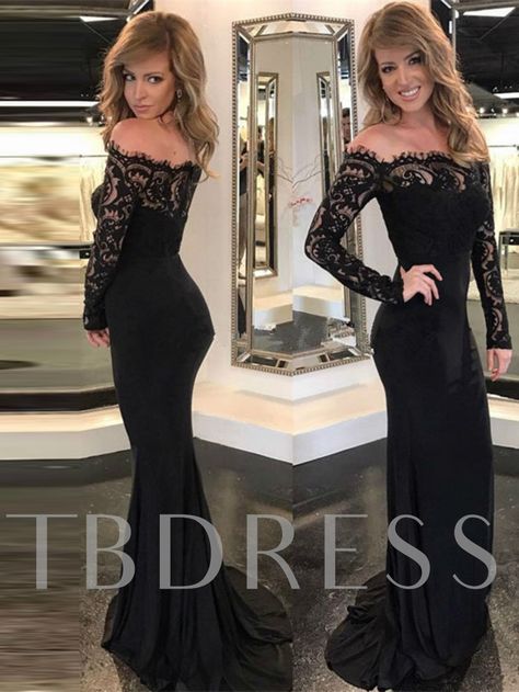 Mermaid Off-the-Shoulder Lace Long Sleeves Court Train Evening Dress Black Mermaid Prom Dress, Mermaid Custom, Black Lace Prom Dress, Prom Dresses 2019, Evening Party Dresses, Long Sleeve Prom, Black Off Shoulder, Long Sleeve Evening Dresses, Black Evening Dresses