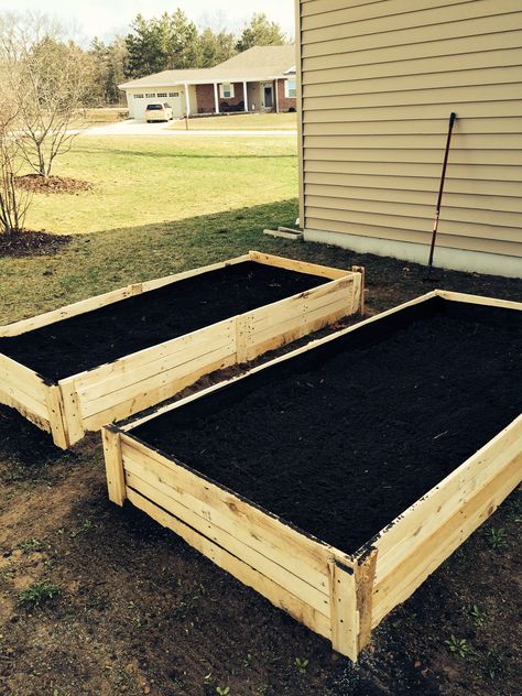 Backyard planter boxes for vegetable garden. Dimensions are 6ft X 4ft X 2ft. Took three wooden pallets per box. Build time about a day. Wooden Vegetable Planters, Potato Box Garden, Veggie Planter Boxes, Gardening Homeschool, Planter Boxes Garden, Backyard Planter, Sunlight Room, Vegetable Planter Boxes, Backyard Planters