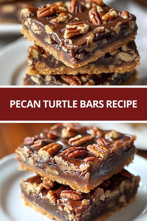 Pecan Turtle Bars Recipe Tahini Pecan Bars, Turtle Dream Bars, Easy Turtle Bars, Turtle Pecan Pie, Turtle Bars Pecan, Desserts With Pecans, Turtle Bark Recipe, Candy Turtles, Pecan Turtle Bars