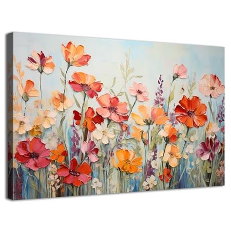 Artwork For Bathroom, Wildflower Wall, Pink Flower Painting, Bathroom Artwork, Suite Bathroom, Floral Wall Art Canvases, Bedroom Artwork, Flowers Wall Art, Modern Botanical