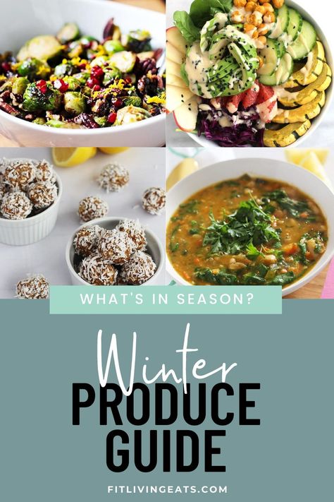 What’s in season? Winter produce guide to help you shop seasonally at the grocery store, plus recipes to inspire you in the kitchen. Get the full details >> https://www.fitlivingeats.com/whats-in-season-winter-produce-guide #seasonal #inseason #winter #holiday #budget #healthy #nutrition Seasonal Eating Winter, Fig Newton Bars, Balsamic Glaze Brussel Sprouts, Winter Produce, Garlicky Kale, Seasonal Eating, Whats In Season, Date Recipes, Eat Seasonal