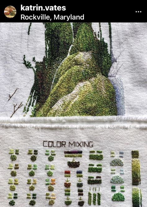 Embroidered Moss On Clothes, Moss Cross Stitch, Katrin Vates Embroidery, Moss Embroidery Stitches, How To Embroider Moss, Embroidery Over Stains, Embroidery Moss Tutorial, Moss Embroidery Clothes, Moss Embroidery Tutorial