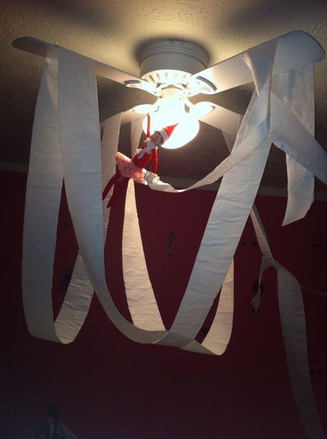 #ElfOnTheShelf toilet paper on the ceiling fan! Xmas Elf, Ornament Card, Elf Fun, Buddy The Elf, Paper Fans, The Ceiling, On The Shelf, The Elf, Paper Lamp