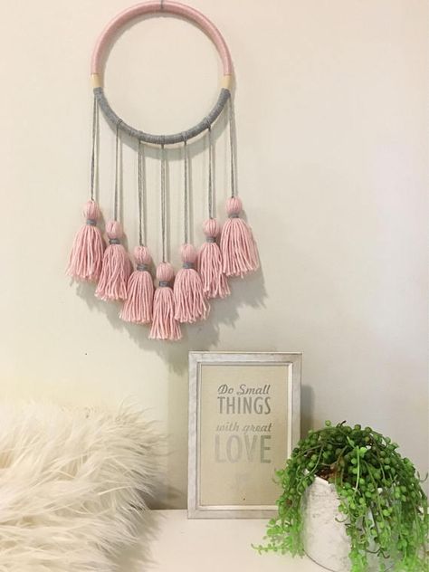 Pink dream catcher, tassel wall hanging, boho wall hanging, modern dream catcher, tassel dream catcher, handmade wall decor, nursery mobile Modern Dream Catcher, Tassel Wall Hang, Diy Baby, Dream Catcher Craft, Diy Yarn Crafts, Handmade Wall Decor, Macrame Wall Hanging Diy, Pom Pom Crafts, Wall Hanging Crafts