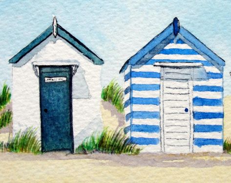 Beach Huts Art Watercolour, Beach House Watercolor Painting, Beach Hut Drawing, Seaside Watercolour, Summer Watercolor Paintings, Simple Beach House, Beach Huts Art, Beach Cottage Design, Town Drawing