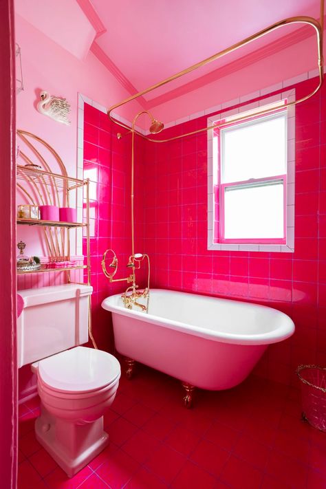 Vibrant Pink Nashville House Tour Photos | Apartment Therapy Barbie Pink Bathroom, Pink Barbie Bathroom, Barbiecore Bathroom, Bright Pink Bathroom, Pink And Red Bathroom, Neon Bathroom, Hot Pink Bathroom, Hot Pink Kitchen, Hot Pink Throw Pillows