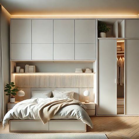 Bedroom Closet Around Bed, Bed With Wardrobe On One Side, Bed Closet Combo, Bedroom Fitted Wardrobe Ideas Over Bed, Closet Built Around Bed, Small Bedroom With Double Bed Ideas, Built In Wardrobe Behind Bed, Bedside Built Ins, Overhead Cabinet Bedroom