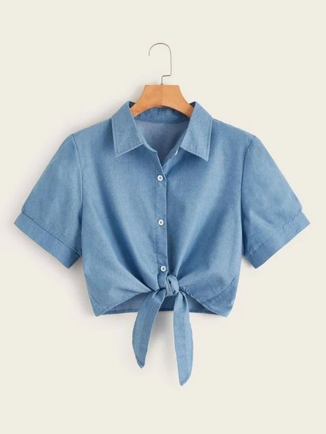 Plus Knot Hem Button Front Denim Blouse | SHEIN USA Diy Vetement, Top Shein, Trendy Fashion Tops, Casual Day Outfits, Denim Blouse, Stylish Dress Designs, Girls Fashion Clothes, Teenage Fashion Outfits, Crop Shirt