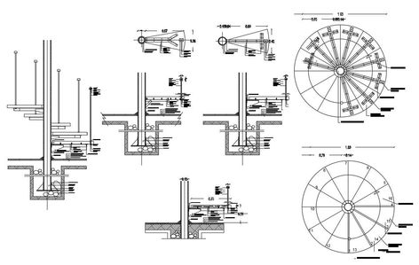 Spiral Staircase Details In DWG File which shows pine hand, wooden screw, steel bar, round iron, electrical welding details with dimensions. Mexican Dining Room Decor, Staircase Dimensions, Spiral Staircase Dimensions, Mexican Dining Room, Staircase Drawing, Spiral Staircase Kits, Fifth Wheel Living, Round Stairs, Steel Staircase