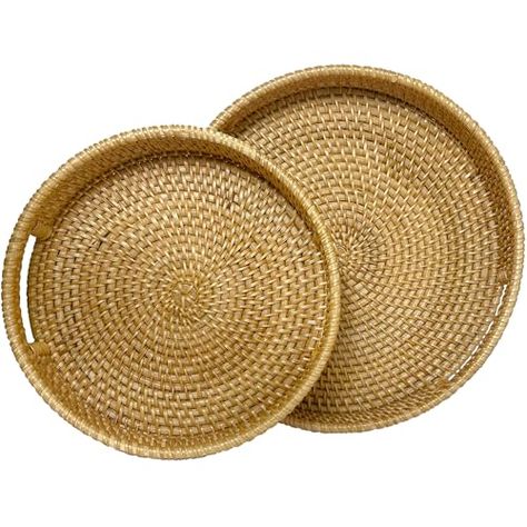 ChumDecor Round Rattan Serving Tray with Mother of Pearl Inlay, Coffee Table Tray Decor, Elegant Woven Basket Tray, Round Wicker Tray, Decorative Gifts for Occasion (Natural Wicker, Set of 2) Coffee Table Tray Decor, Round Rattan Tray, Table Tray Decor, Inlay Coffee Table, Coffee Table Decor Tray, Rattan Tray, Wicker Tray, Mother Of Pearl Inlay, Coffee Table Tray