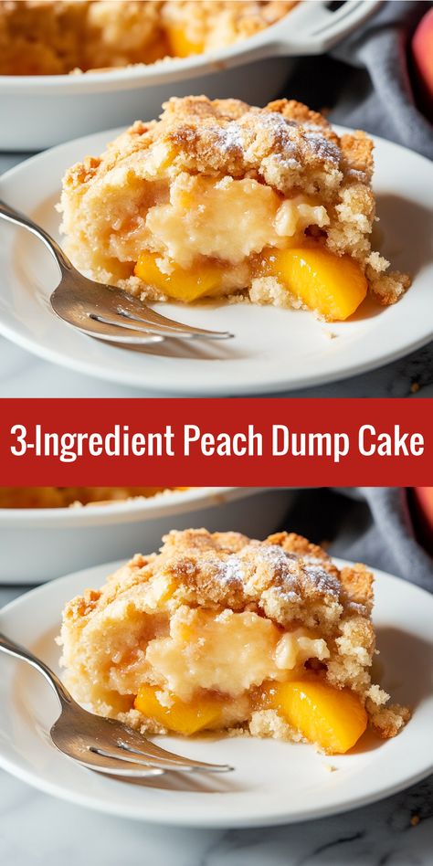 This 3-ingredient Peach Dump Cake is the easiest dessert! Just layer peaches, cake mix, and butter, then bake for a golden, bubbly treat. Peach Sponge Cake, Dump Cake With Peaches, Dump And Bake Desserts, 3 Ingredient Dump Cake, Cake Dump Recipes, Peach Delight Dessert, Easy Dump Cake Recipes 3 Ingredients Crushed Pineapple, Dump Cake Recipes Peach, Recipes With Canned Peaches