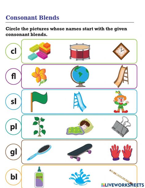 L Blends Worksheets, Og Phonics, Consonant Blends Activities, Live Worksheet, Consonant Blends Worksheets, Phonics Assessments, L Blends, Cvc Words Kindergarten, Blends Worksheets