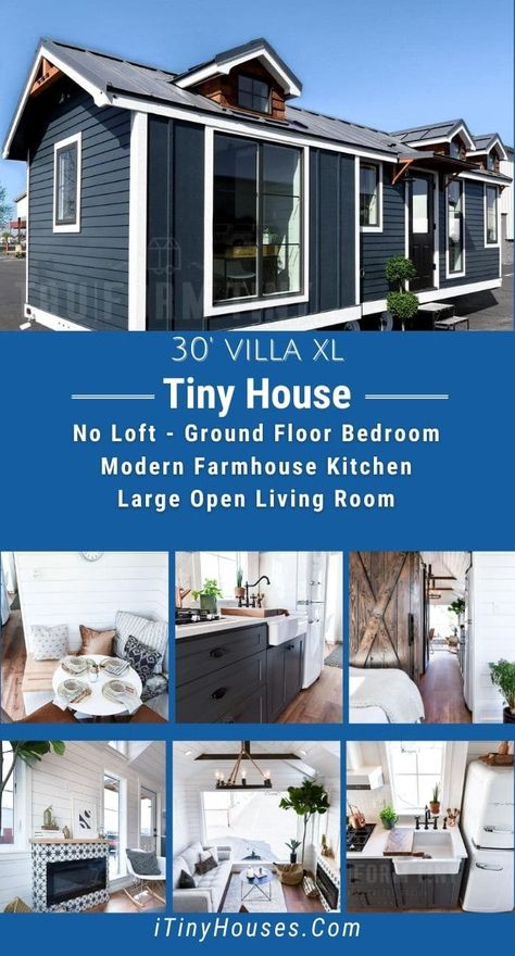 The 30' Villa XL is a gorgeous tiny home on wheels with a main floor bedroom, retro but still modern style kitchen, and tons of open space! Barndoor accents, shiplap walls, and a stunning retro refrigerator are just part of what you find in this tiny house on wheels! Tiny House Main Floor Bedroom, Tiny House On Wheels No Loft, 1 Floor Tiny House, Modern Tiny House Interior Design, Tiny House On Wheels Floor Plans, Tiny House No Loft, Granny Pad, Farmhouse Villa, Inside Tiny Houses