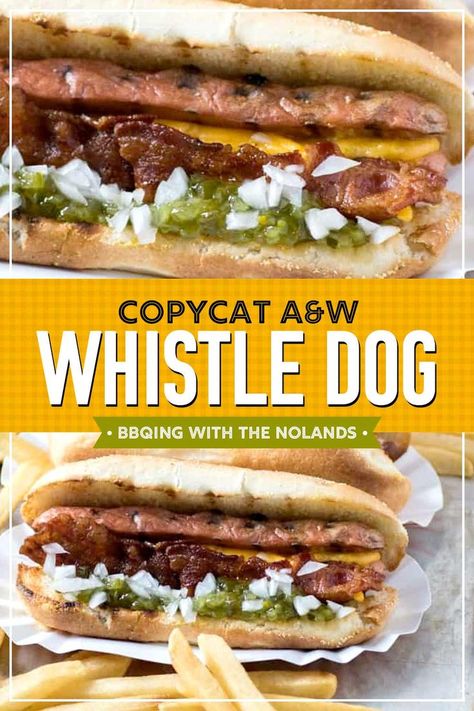 Whistle Dog on a bun with onion, relish and bacon Brat Dog Recipes, Street Hot Dogs Recipes, Hotdogs Recipes, Hot Dog Sauce Recipe, Hot Dog Chili Sauce, Hot Dogs Recipes, Gourmet Hot Dogs, Hot Dog Sauce, Sandwhich Recipes