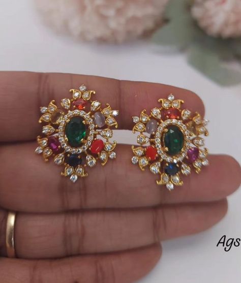 Antique Navratan Jewellery, Navaratna Studs Gold, Navarathna Ear Rings, Navaratna Earrings Gold, Ruby Necklace Designs, Gold Earrings For Kids, Coral Jewelry Set, Beautiful Jewelry Diamonds, Bridal Jewellery Earrings