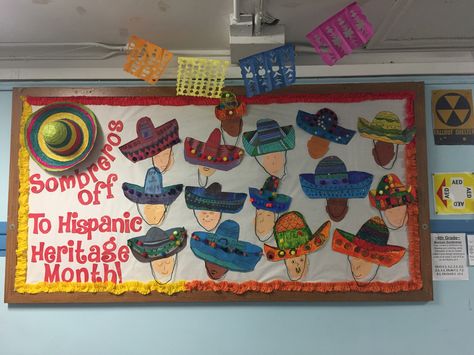 Hispanic Heritage Month Bulletin Board-Sombreros Hispanic Heritage Month Activities Prek, Hispanic Hertiage Projects, Hispanic Heritage Month Kindergarten, Hispanic Heritage Month Crafts For Kids, Hispanic Heritage Month Crafts Preschool, Hispanic Heritage Door Decoration, Mexican Heritage Month, Authors Chair, Spa Crafts