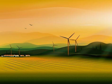 Wind Farm by Febin_Raj for Fireart Studio on Dribbble Wind Illustration, Wind Blowing Illustration, Wind Farm Illustration, Wind Farm Photography, Farmhouse Illustration The Farm, Wind Farm, Farm Design, Mountain Homes, Landscape Illustration