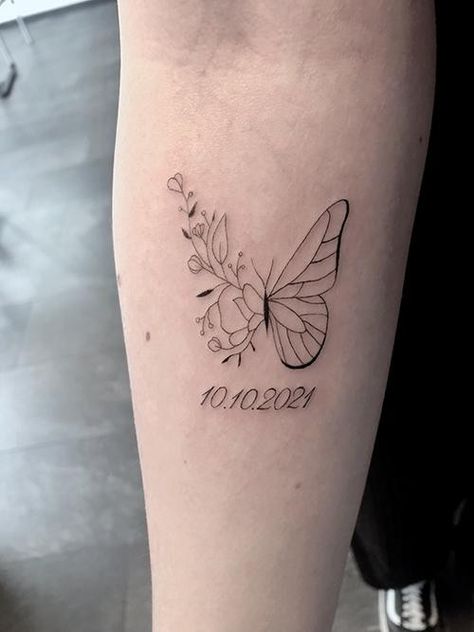 Wings With Flowers Tattoo, Butterfly With Angel Wings, Angel Butterfly Tattoo, Fineline Tattoo Ideas, Angel Butterfly, Fineline Tattoo, Angel Wings Tattoo, Wings Tattoo, Tattoo Inspo