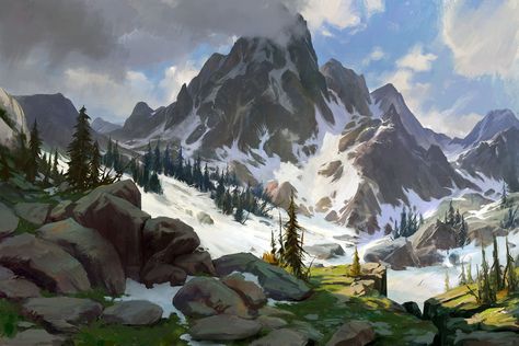 ArtStation - snow mountain, hongqi zhang Lukisan Lanskap, Canadian Wilderness, Wallpaper Drawing, Mountain Background, Landscape Concept, Landscape Background, Fantasy Places, Fantasy Setting, Landscape Scenery