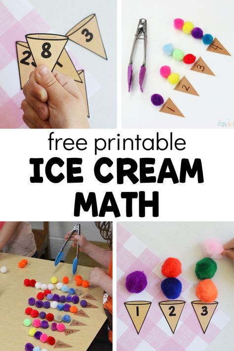 This ice cream math activity is perfect for preschool, pre-k, and kindergarten! Kids practice important early math skills along with fine motor skills. Click on the Fun-A-Day.com link to get the free printable ice cream cone numbers. Ice Cream Math, Summer Activities For Preschoolers, Preschool Teacher Tips, Letter I Activities, Motor Skills Preschool, Number Activities Preschool, Printable Ice Cream, Preschool Theme Activities, Preschool Fine Motor Skills