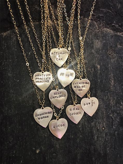 Hand-stamped brass hearts on 18" brass chain! Made to order!  Say what ya want!!! Just enter the desired text in the text box. Not sure what you want to say? Check out some of our best sellers here! If you would like a different chain length, please note the desired length at checkout. Each piece is hand stamped to ord Raspberry Beret, Accessorize Bags, Stamped Metal, Book Clothes, Hand Stamped Necklace, Human Hands, Human Hand, Jewelry Pins, Brass Necklace