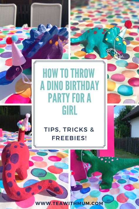 Dinosaur Party Activities, Dinosaur Birthday Party Food, Girls Birthday Party Games, Girl Dinosaur Party, Rainbow Dinosaur, Girl Dinosaur Birthday, Dinosaur Party Favors, Dinosaur Themed Birthday Party, Girl Bday Party