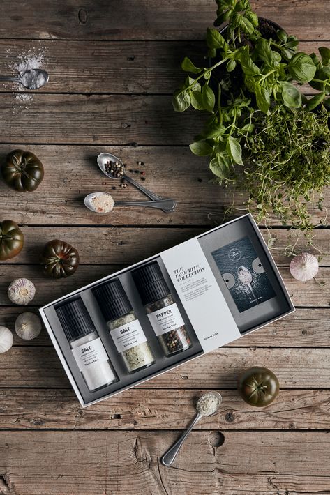 A box filled with our much-loved salt and pepper mills. Green Peppercorn, Spices Packaging, Basil Essential Oil, Luxury Packaging Design, Pasteurizing Milk, Salt And Pepper Mills, Everyday Dishes, Salt And Pepper Grinders, Dinner Guest