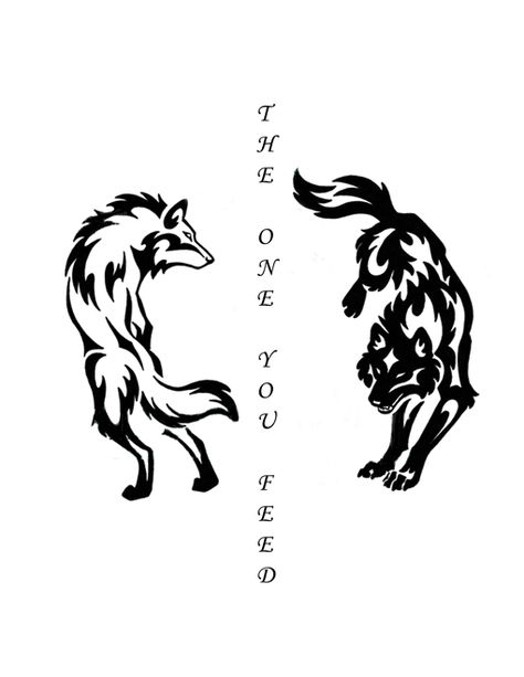 Two wolves exist inside of each in a state of constant struggle. One is hatred, anger, jealousy, fear. The other is love, courage, honesty, and kindness. But which one will win? The one you feed. Wolves Back Tattoo, Twin Wolf Tattoo, Brother Sister Wolf Tattoo, Arctic Wolf Tattoo, Good And Bad Wolf Tattoo, White And Black Wolf Tattoo, Couple Tattoos Wolves, Two Wolf Tattoo Design, Wolf Symbol Design