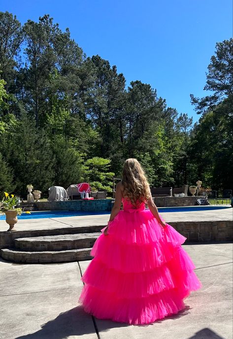 Poses Dress, Hot Pink Satin Dress, Tool Dress, Dress Poses, Hot Pink Prom Dress, Fluffy Dress, Pink Tools, Pool Hair, Hot Pink Fashion