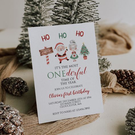 Christmas Santa Onederful First Birthday Invitation #zazzle #weddinginvitations #birthdayinvitations #babyshowerinvitations #zazzleinvitations #monogram #businesscards #graduation #homedecor Christmas Theme 1st Birthday, First Birthday Winter, Watercolor Santa, Winter Onederland Party, 1st Birthday Themes, Winter Red, First Birthday Party Themes, Boy Birthday Invitations, Winter Onederland