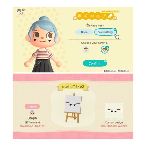 Animal Crossing Custom Design Face Paint, Animal Crossing Face Design Codes, Animal Crossing Custom Face Paint, Animal Crossing Accessories Codes, Makeup Acnh Code, Acnh Makeup Design Code, Acnh Custom Face Paint, Face Paint Acnh Codes, Animal Crossing Makeup Design