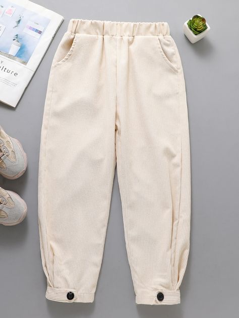 Beige Casual   Corduroy Plain Tapered/Carrot Embellished Non-Stretch Fall/Winter Girls Clothing Girls Pants Design, Diy Toddler Dress, Classic Kids Clothes, Diy Clothes And Shoes, Baby Dress Patterns, Kids Gown, Corduroy Trousers