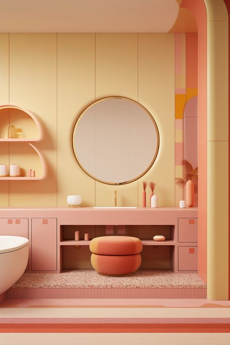 Pastel Interior Color Palette, Soft Pink Interior, Gen Z Interior Design, Light Pink Bathroom, Funky Interior Design, Pink House Interior, 80s Interior, Colourful Living Room Decor, Colourful Living Room