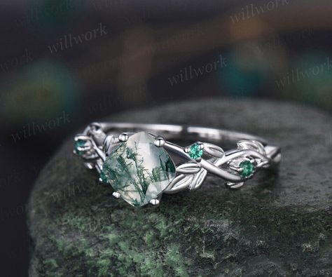 Twig cushion cut green moss agate engagement ring 14k white gold five stone emerald ring vintage retro gemstone leaf wedding ring women gift Wedding Ring Wraps Emerald, Leaf Wedding Ring, Emerald Engagement Ring Green, Leaf Wedding Rings, Wedding Ring Women, Green Sapphire Engagement, Twig Engagement Ring, Emerald Ring Vintage, Green Sapphire Engagement Ring