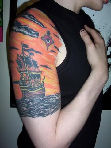 AFI Black Sails on the Sunset tattoo Afi Tattoo, Black Sails Tattoo, Fishing Tattoos, Sunset Tattoo, Davey Havok, Sunset Tattoos, Color Tattoos, Fire Inside, Black Sails