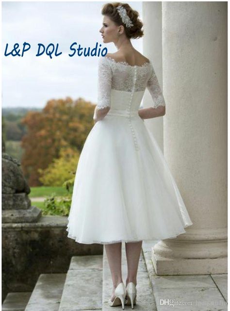 Vintage Ivory Lace Organza Ball Gown Wedding Dresses Scoop Half Sleeves Buttons Back Tea-Length Bridal Gowns Custom Made Wedding Dress Ball Gown Wedding Dresses Knee-length Wedding Dress Online with $129.0/Piece on Lpdqlstudio's Store | DHgate.com Tea Length Wedding Dresses, Tea Length Tulle, Wedding Dress Organza, Tea Length Wedding, Lovely Fashion, Trendy Wedding Dresses, Tea Length Wedding Dress, Wedding Dress Trends, Vintage Diy