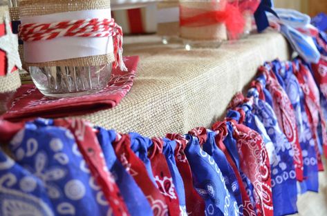 bandana banner maria provenzano Bandana Garland, Yeehaw Party, Cowboy Formal, Bandana Banner, Rag Bunting, Cowboy First Birthday, Saloon Bar, Baby Siting, Wild West Party