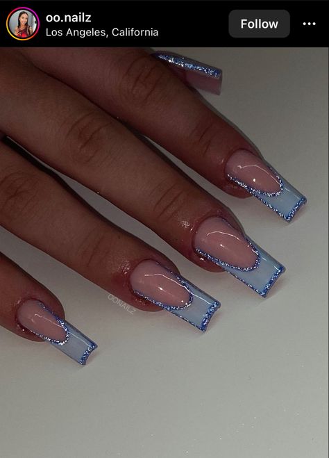 Square Shape Nail Ideas, Simple Cute Blue Nails, Blue French Tip Nails With Glitter, Birthday Nail Ideas Acrylic Medium, Rod Wave Nails, Y2k Winter Nails, Bridesmaid Nails Blue, Blue Nail Designs Almond, Red Cute Nails