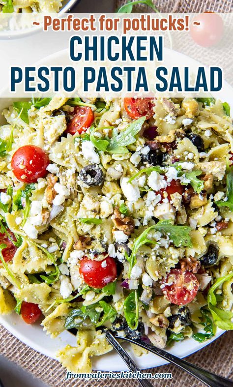 Chicken Pesto Pasta Salad Recipes, Salads With Pesto, Pesto Chicken Pasta Salad, Chicken Pesto Pasta Salad, Arugula Pasta, Feta Pasta Salad, Pesto Salad, Feta Chicken, Chicken Tortellini