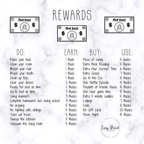 "Printable \"Mom\" Bucks. DIGITAL DOWNLOAD  Use this printable however you see fit to reward for your kid's excellent behavior, completion of their chores, etc.  Reward redemption ideas: -Extra snack -Extra Screen Time -Piece of Candy -Happy Meal -Dollar Store Toy/Item -Lollipop -Soda -Extra Cookie -$5 gift cards (Mcdonalds, Taco Bell, Dairy Queen, Dollar Tree, etc) -Trip to the park -Trip to the zoo -Tri to the Children's Museaum -Trip to the aquarium  -Extra Book Reading -$5 Toy -$10 Toy -Snac Family Store Rewards, Rewards For Adults Ideas, Kids Reward Bucks, Chores Reward System, Chores For Money Ideas, Lollipop Soda, Mom Bucks Reward System, Diy Chore Chart Kids, Mom Bucks