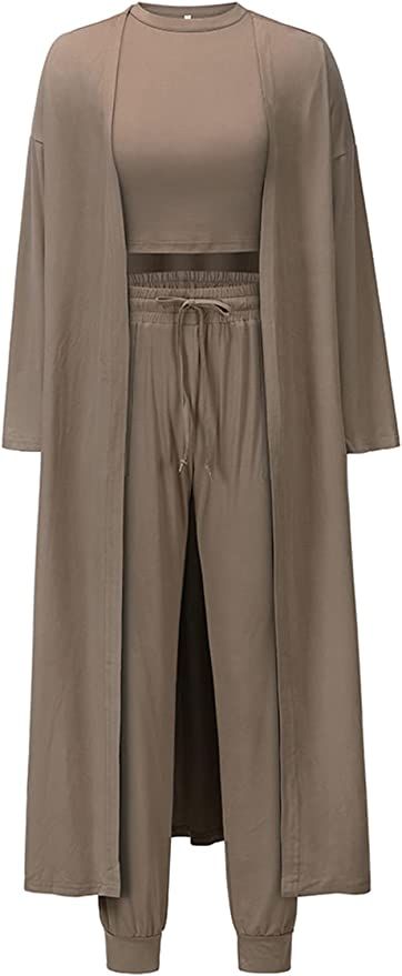 Les umes Women's 3 Piece Pajama Loungewear Set Long Cardigan Crop Tops High Waist Pants Sweatsuit Set Khaki XL at Amazon Women’s Clothing store Cardigan Coat Outfit, Clubwear Outfits, Terno Slim, Womens Loungewear Sets, Lounge Wear Set, Outfit For Women, Set Outfits, Outwear Coat, Coat Outfit